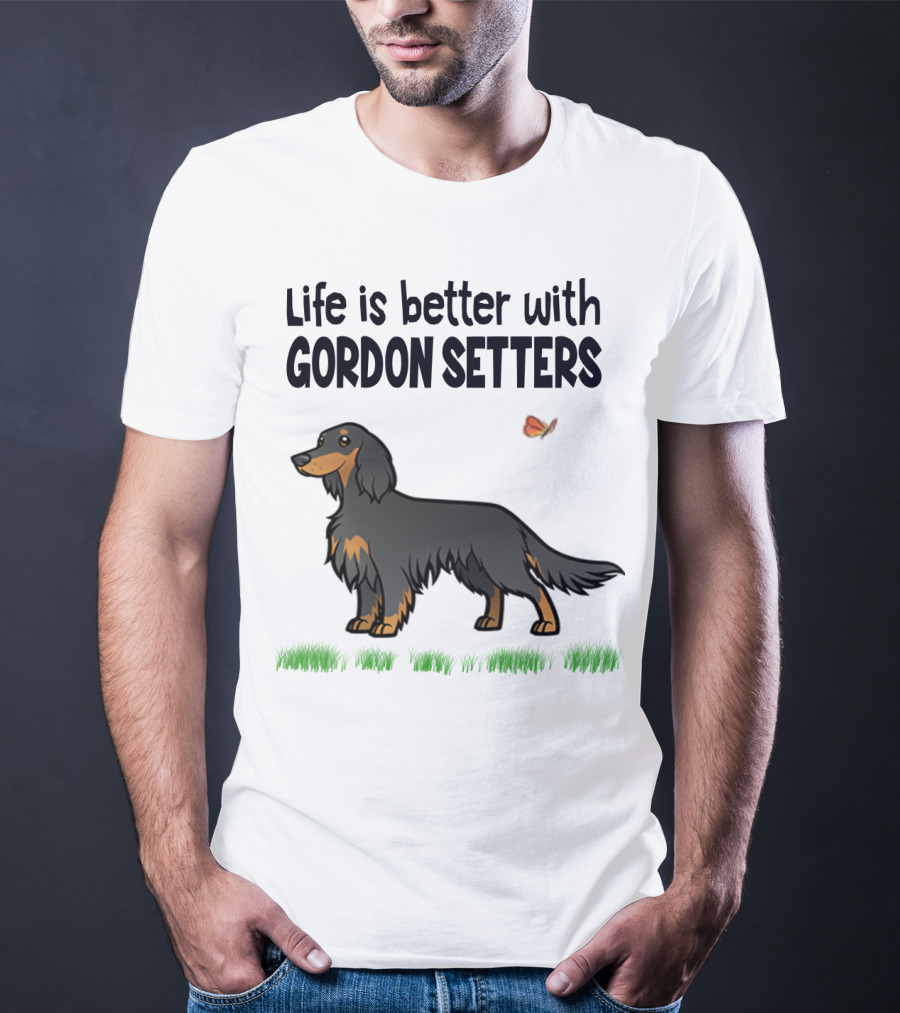 Life Is Better With Gordon Setters Charming Dog Illustration Featuring Butterfly And Grass T-Shirt
