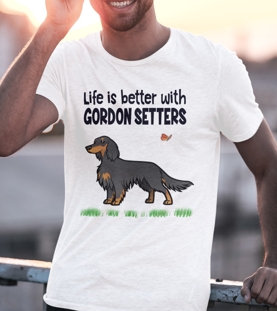 Life Is Better With Gordon Setters Charming Dog Illustration Featuring Butterfly And Grass T-Shirt