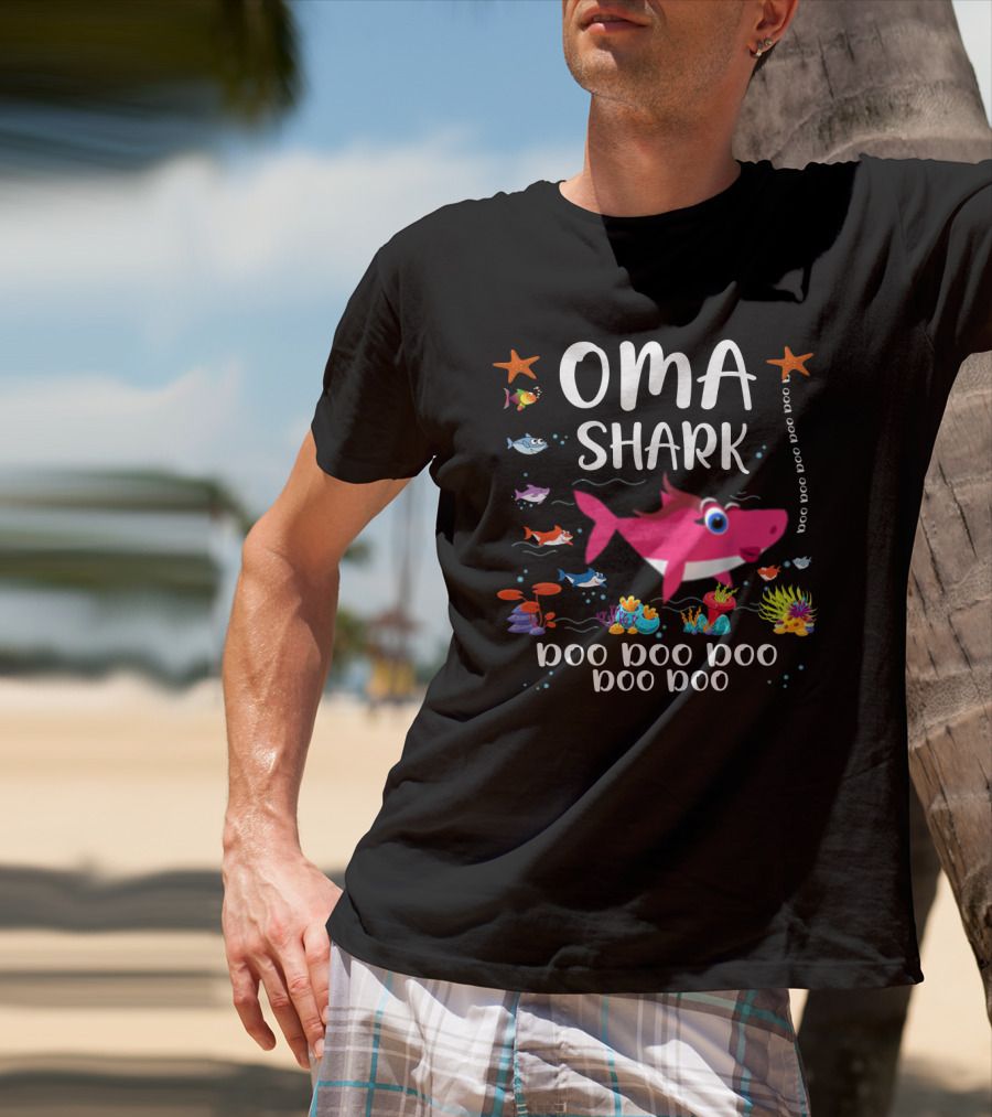 Oma Shark Doo Doo Doo Cute Pink Shark Surrounded By Colorful Sea Creatures And Starfish T-Shirt