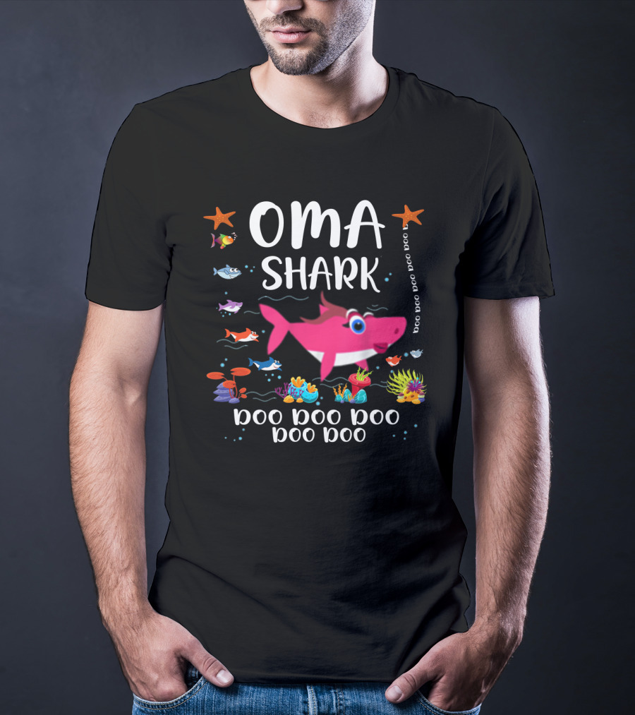Oma Shark Doo Doo Doo Cute Pink Shark Surrounded By Colorful Sea Creatures And Starfish T-Shirt