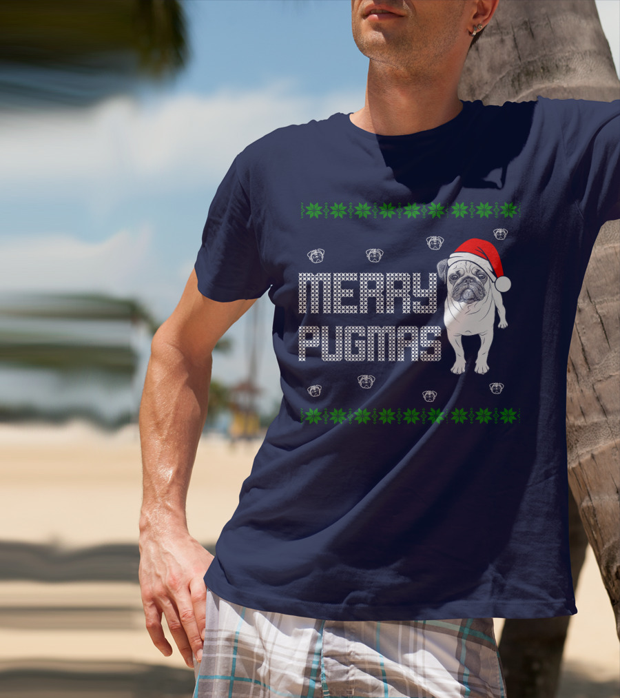 Merry Pugmas Festive Santa Hat Pug With Holiday Patterns And Green Poinsettias T-Shirt