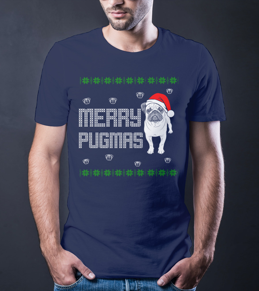 Merry Pugmas Festive Santa Hat Pug With Holiday Patterns And Green Poinsettias T-Shirt