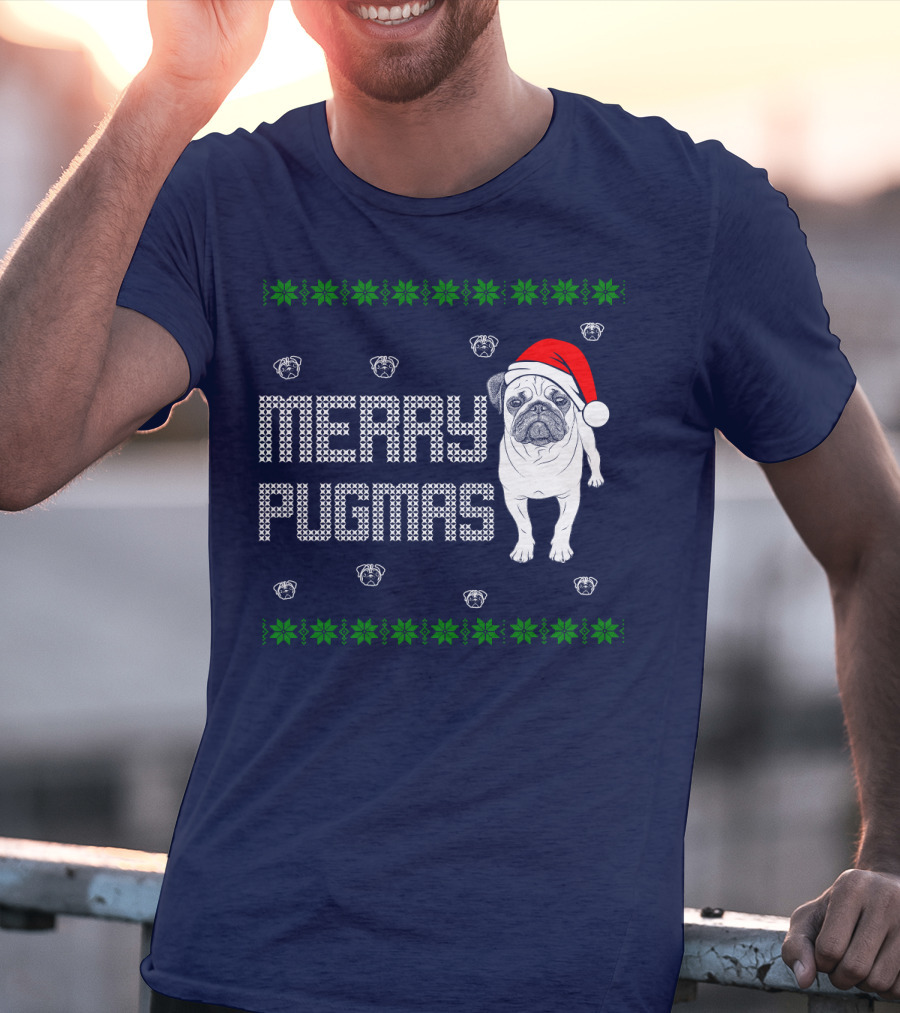 Merry Pugmas Festive Santa Hat Pug With Holiday Patterns And Green Poinsettias T-Shirt