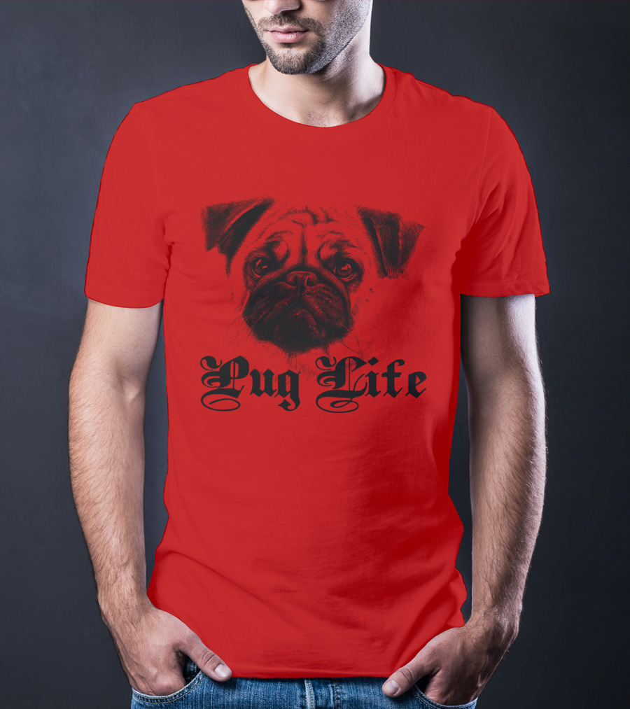 Pug Life Gothic Script With Realistic Pug T-Shirt