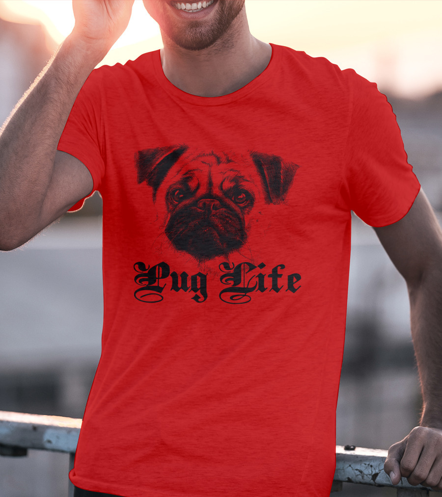 Pug Life Gothic Script With Realistic Pug T-Shirt