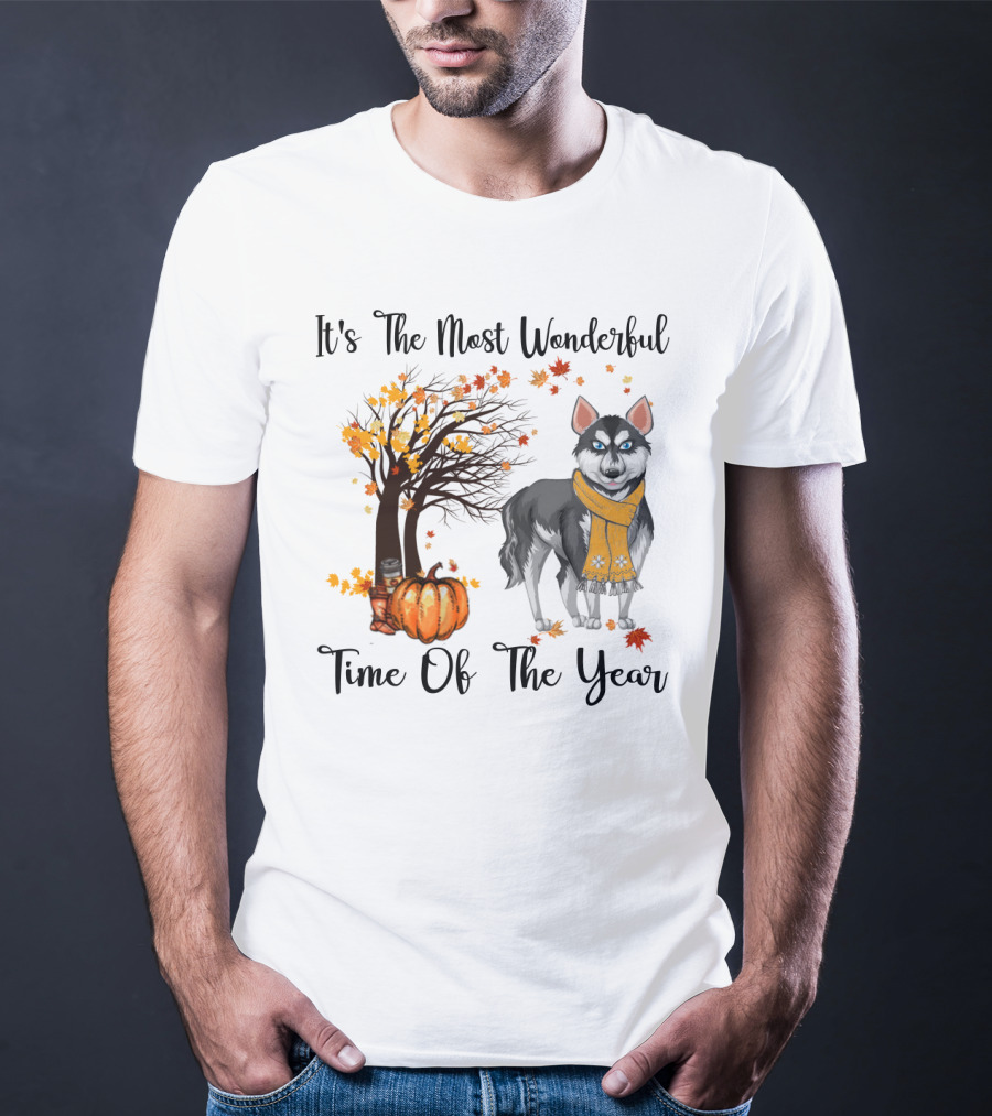 It's The Most Wonderful Time Of The Year Siberian Husky Fall Leaves Pumpkin Scarf Tree T-Shirt