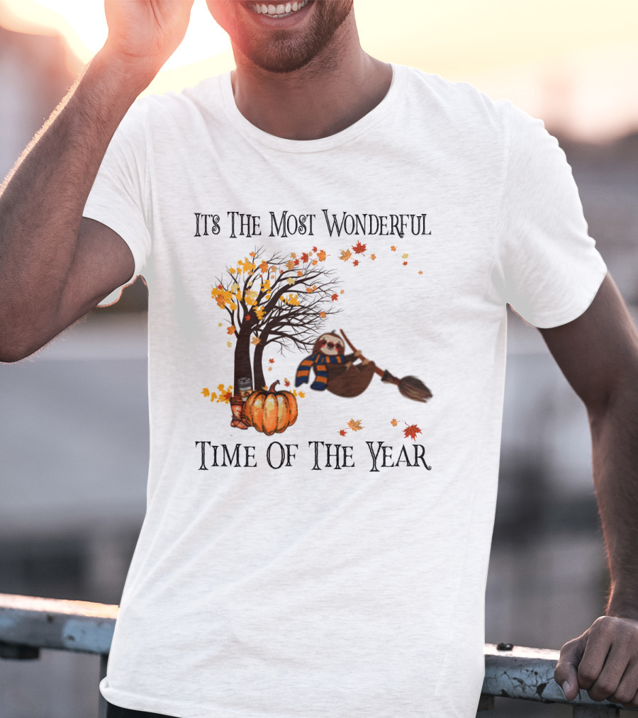 It's The Most Wonderful Time Of The Year Sloth Broom Pumpkin Autumn Leaves Tree T-Shirt