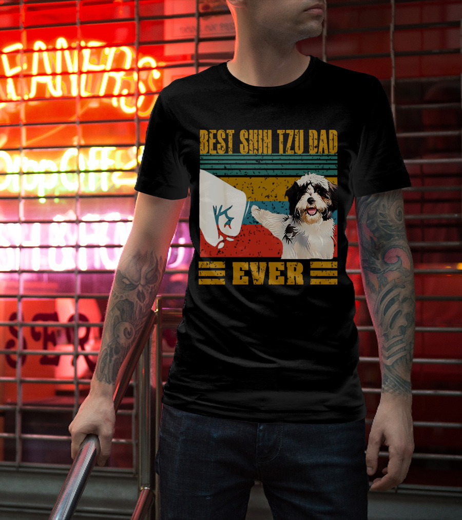 Best Shih Tzu Dad Ever Vintage Style Dog Paw Prints T-Shirt