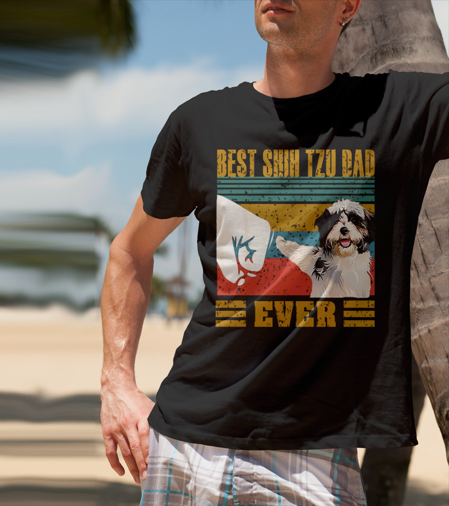 Best Shih Tzu Dad Ever Vintage Style Dog Paw Prints T-Shirt