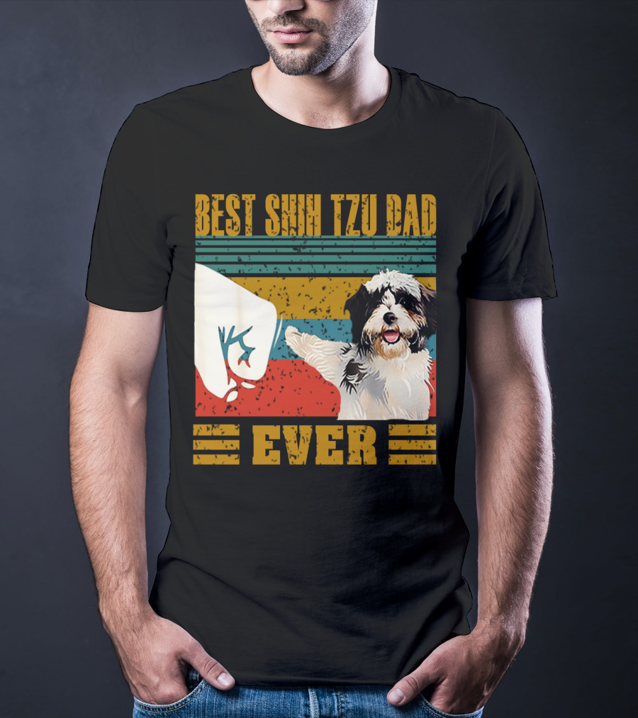Best Shih Tzu Dad Ever Vintage Style Dog Paw Prints T-Shirt