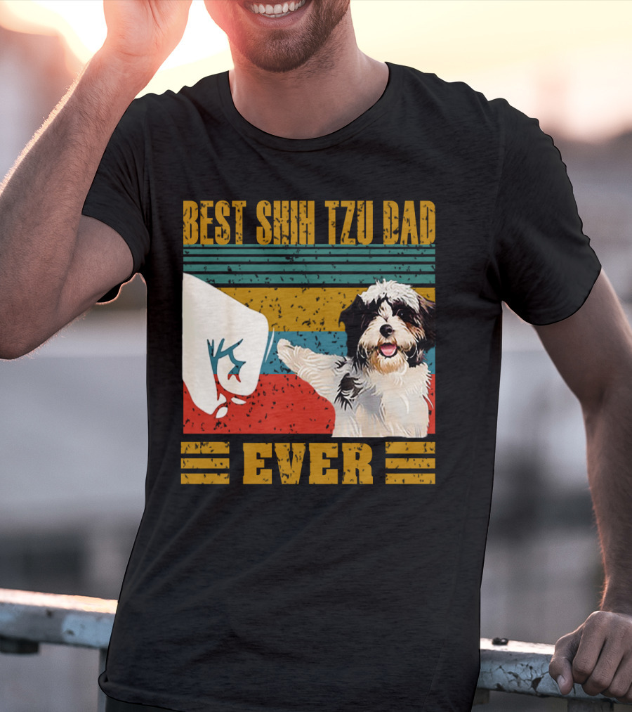 Best Shih Tzu Dad Ever Vintage Style Dog Paw Prints T-Shirt