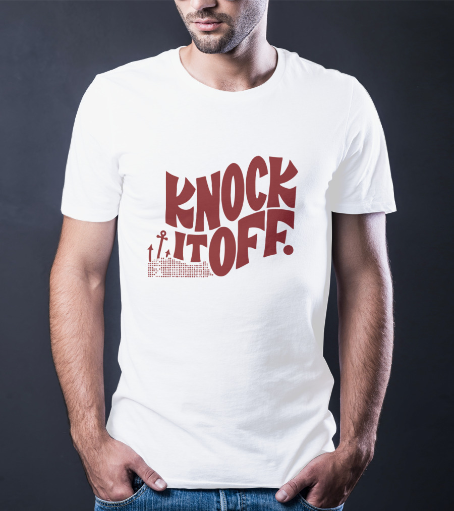 KNOCK IT OFF Lettering With Rising Arrow Figures T-Shirt