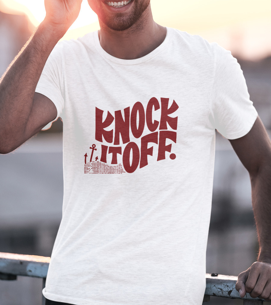 KNOCK IT OFF Lettering With Rising Arrow Figures T-Shirt