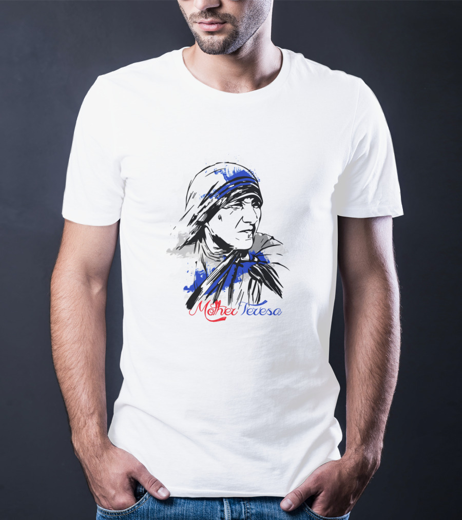 Mother Teresa Hand-Drawn Blue And Red Stylized T-Shirt
