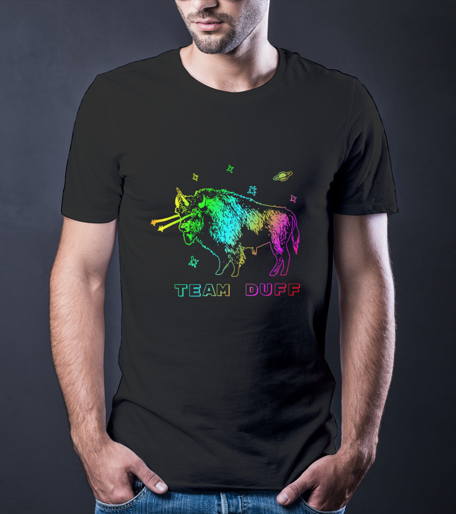 Team Duff Space Bison With Rainbow Laser Eyes And Stars T-Shirt