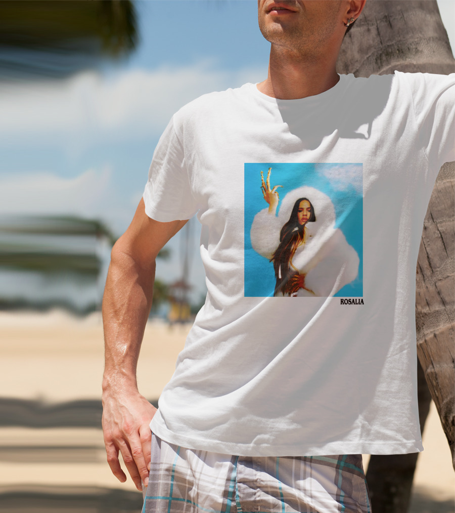 ROSALIA Dramatic Fur Coat And Gold Nails Blue Sky T-Shirt
