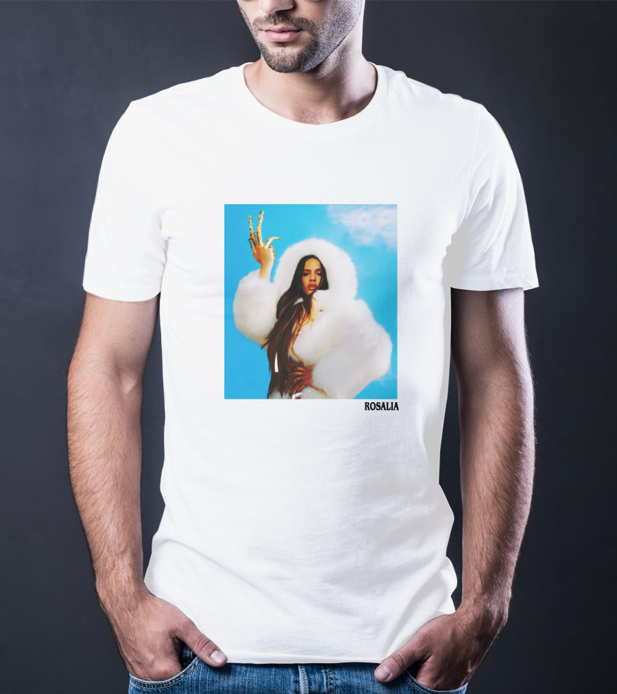 ROSALIA Dramatic Fur Coat And Gold Nails Blue Sky T-Shirt