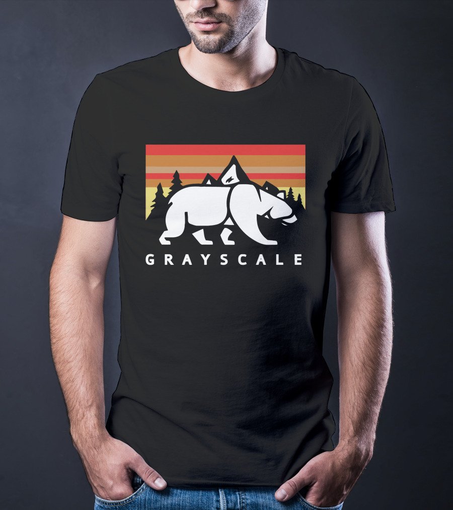 GRAYSCALE Bear And Mountains Retro Sunset T-Shirt