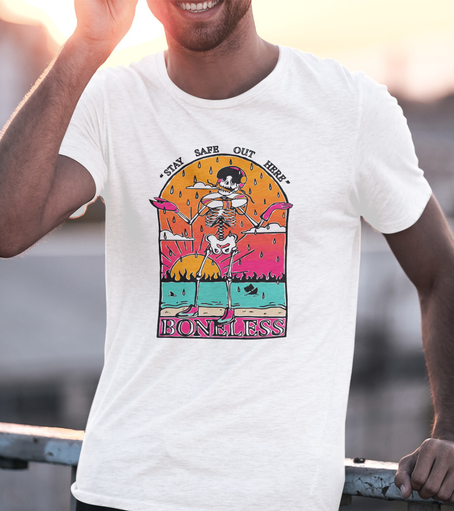 Stay Safe Out Here Boneless Sunset Skeleton Surfer T-Shirt