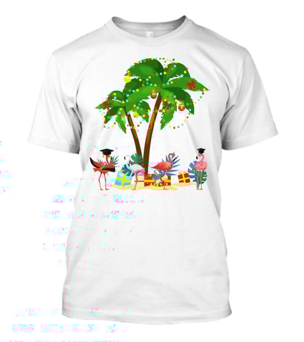 Tropical Christmas Flamingos Under Palm Tree With Gifts T-Shirt