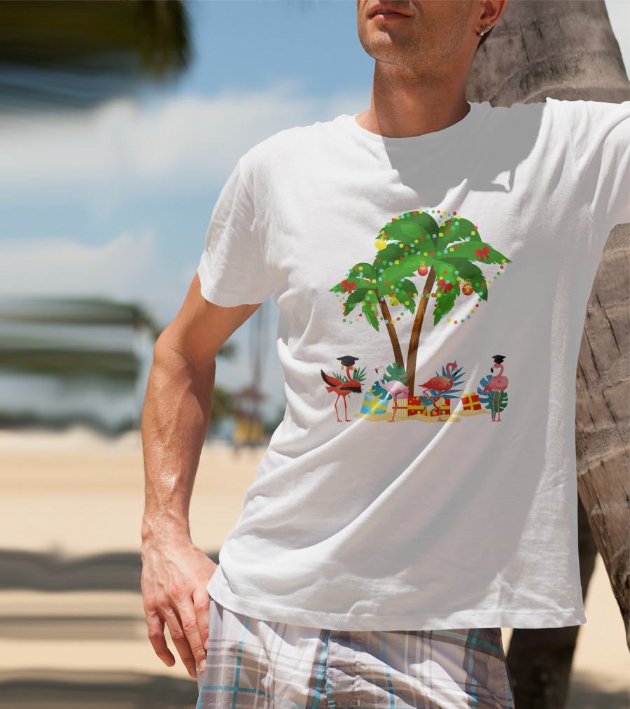 Tropical Christmas Flamingos Under Palm Tree With Gifts T-Shirt