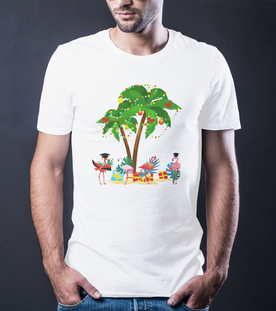 Tropical Christmas Flamingos Under Palm Tree With Gifts T-Shirt