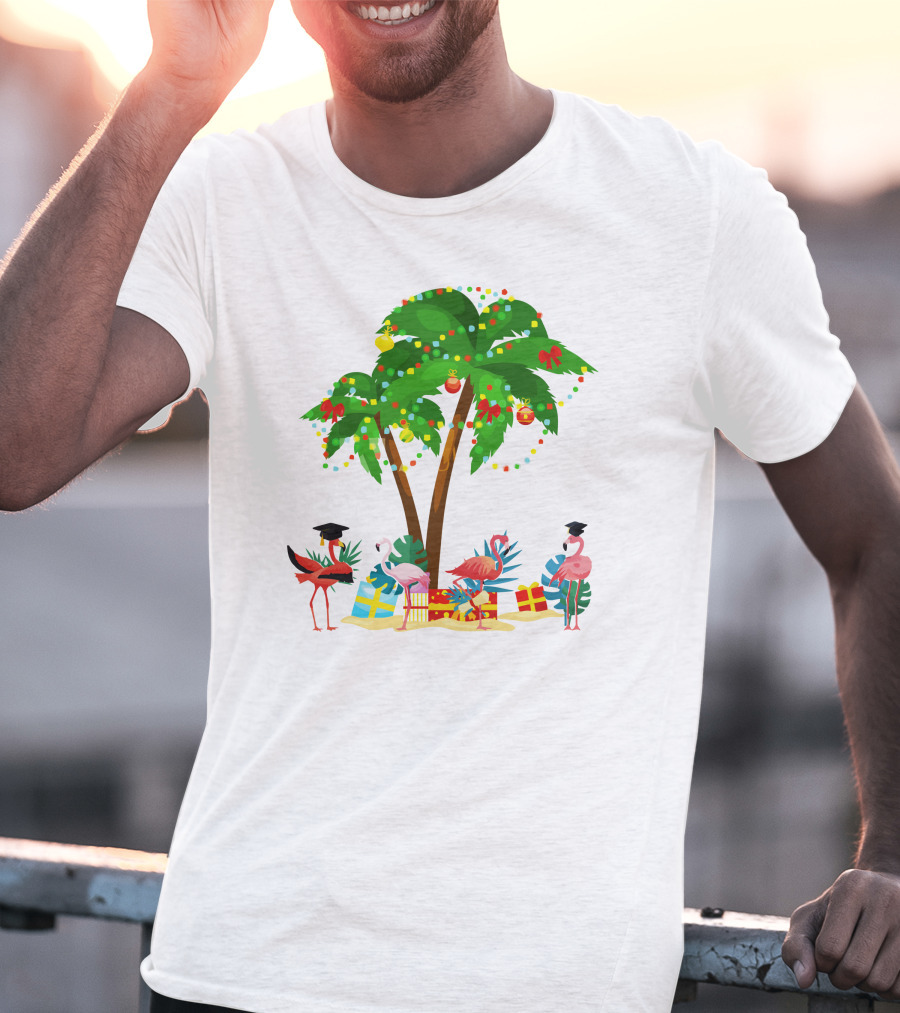 Tropical Christmas Flamingos Under Palm Tree With Gifts T-Shirt