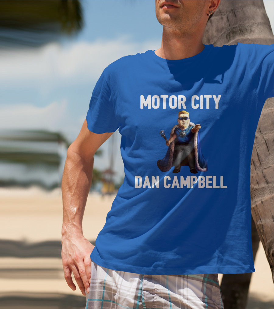 Motor City Dan Campbell Iconic Blue Cape And Scepter Character Representation T-Shirt