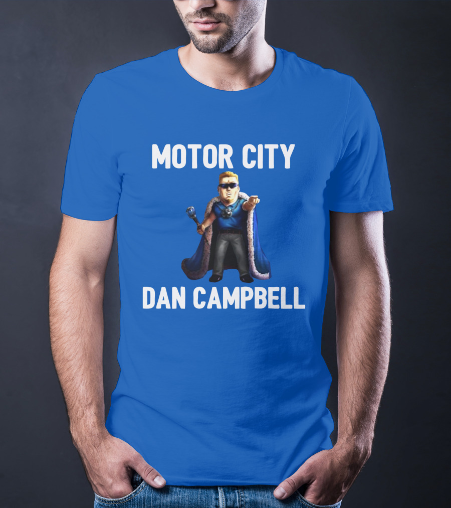 Motor City Dan Campbell Iconic Blue Cape And Scepter Character Representation T-Shirt