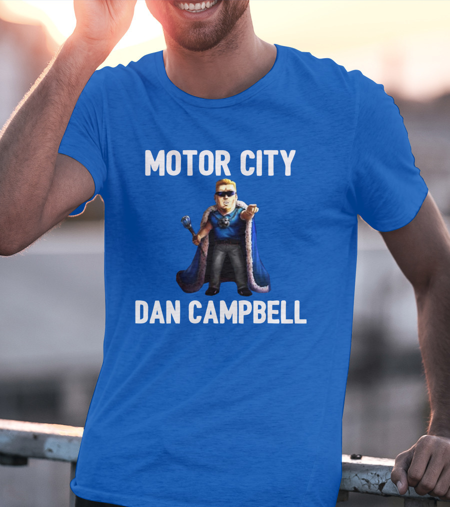 Motor City Dan Campbell Iconic Blue Cape And Scepter Character Representation T-Shirt