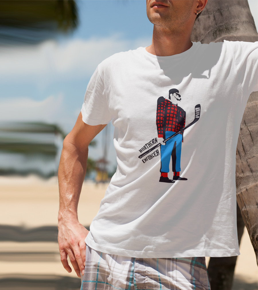 Northern Enforcer Hockey Plaid Lumberjack Player With Stick T-Shirt