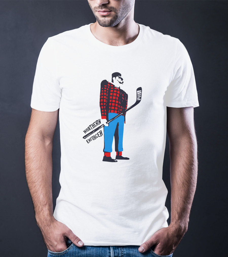 Northern Enforcer Hockey Plaid Lumberjack Player With Stick T-Shirt