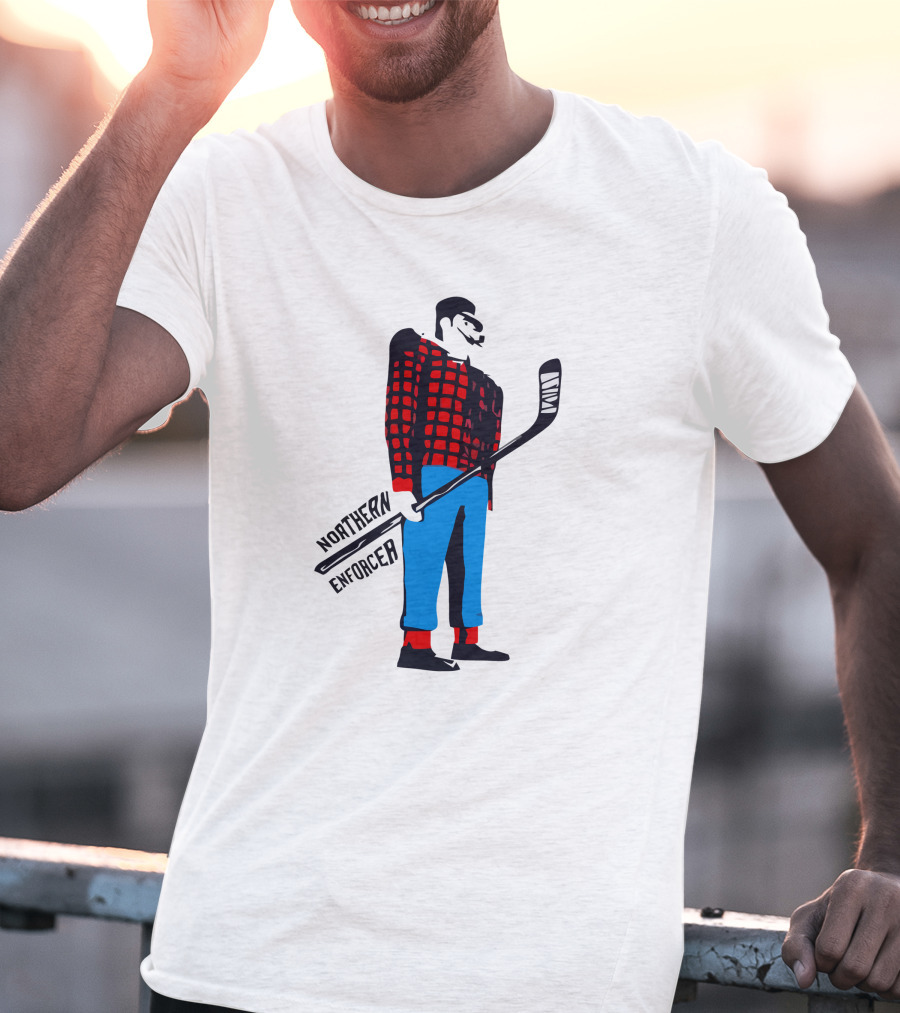 Northern Enforcer Hockey Plaid Lumberjack Player With Stick T-Shirt