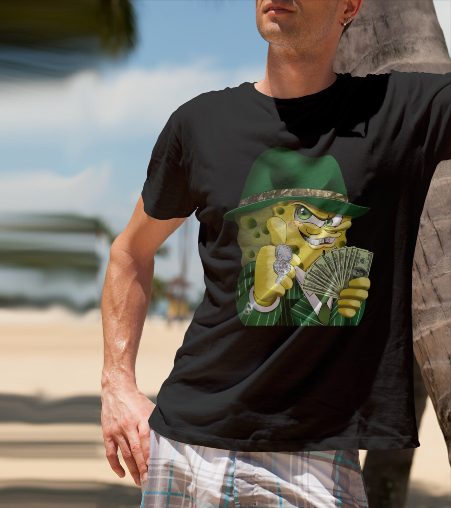 SpongeBob Gangster Style In Green Suit And Hat With Money And Diamonds T-Shirt