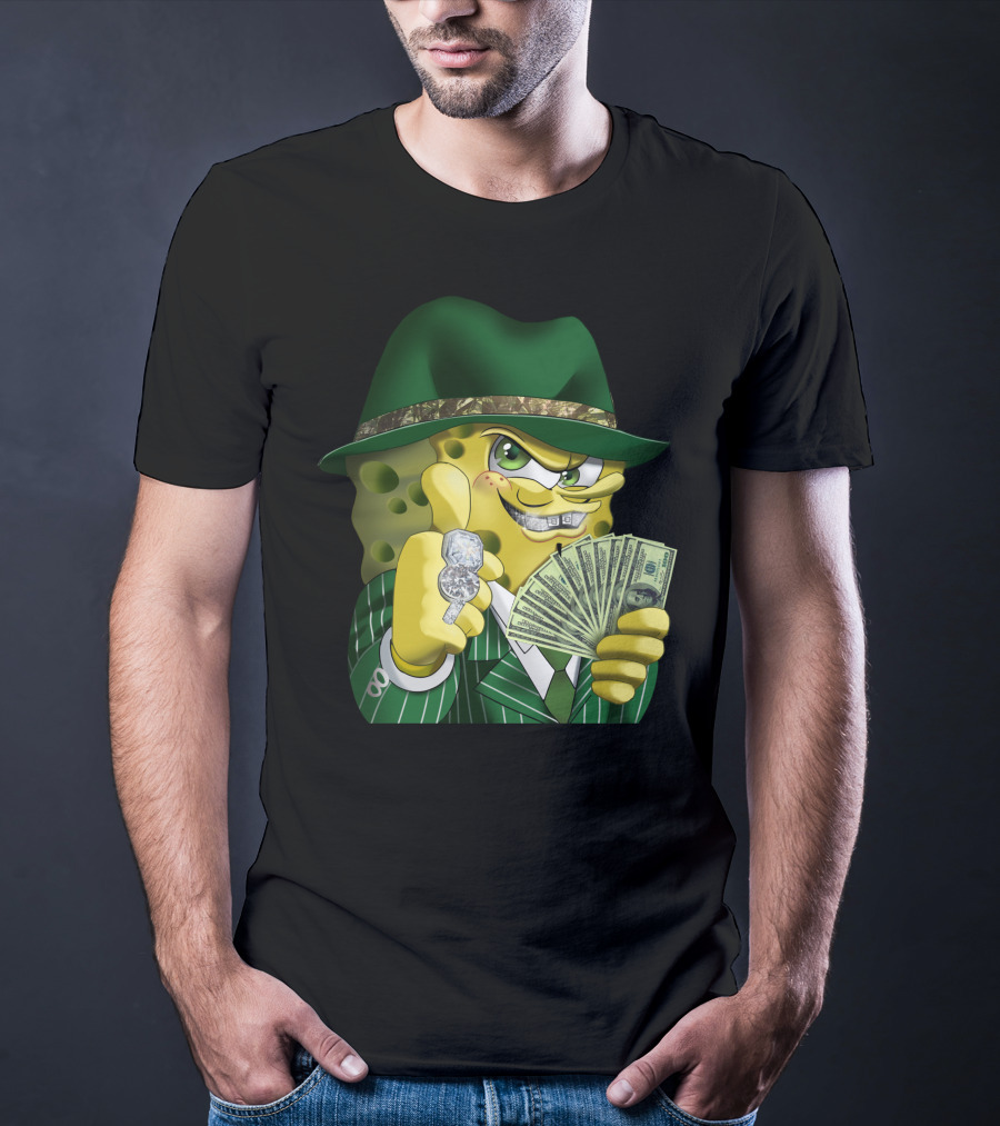 SpongeBob Gangster Style In Green Suit And Hat With Money And Diamonds T-Shirt