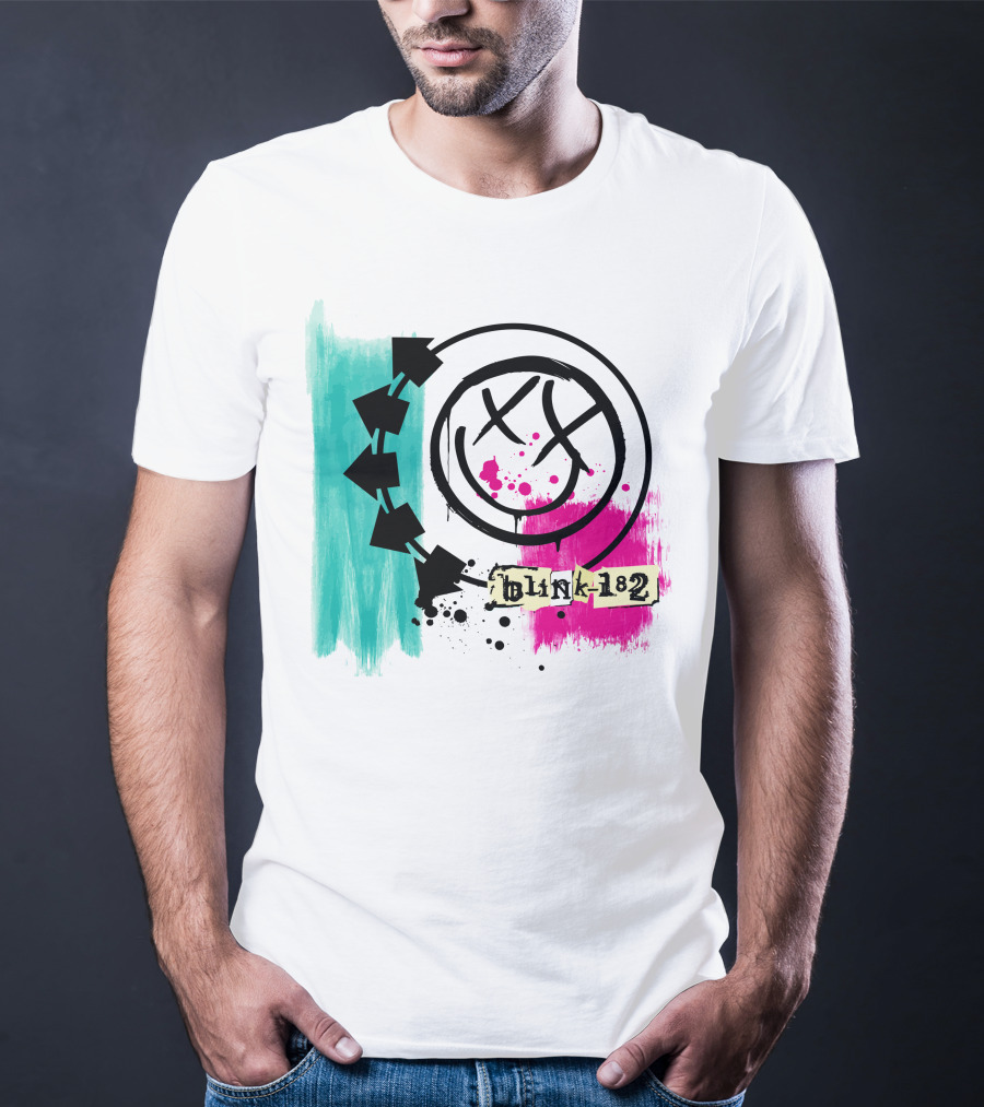 Blink 182 I Miss You Smiley Logo With Pink And Teal Paint Splatter T-Shirt