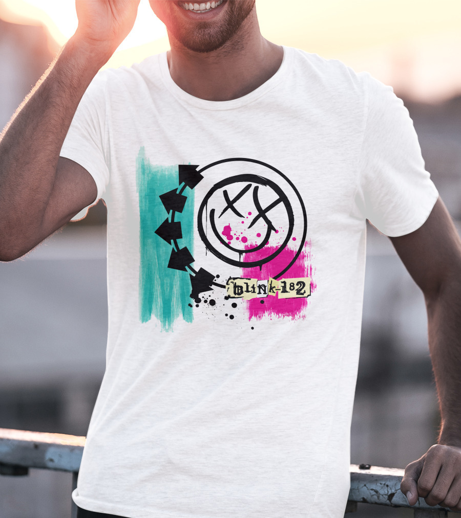 Blink 182 I Miss You Smiley Logo With Pink And Teal Paint Splatter T-Shirt