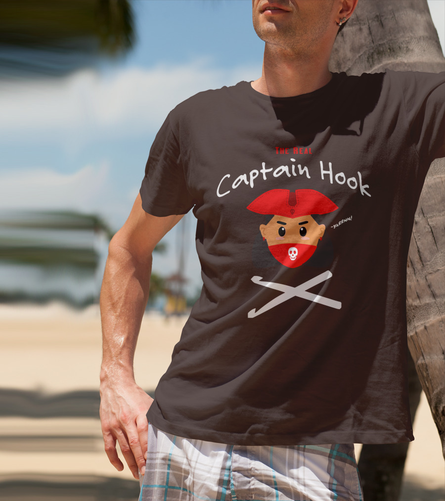 The Real Captain Hook Yarrnn Skull Red Hat Pirate Face Crossed Needles T-Shirt