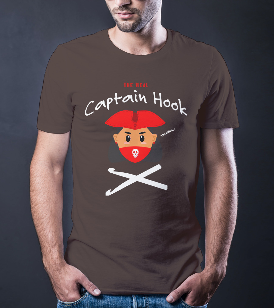 The Real Captain Hook Yarrnn Skull Red Hat Pirate Face Crossed Needles T-Shirt