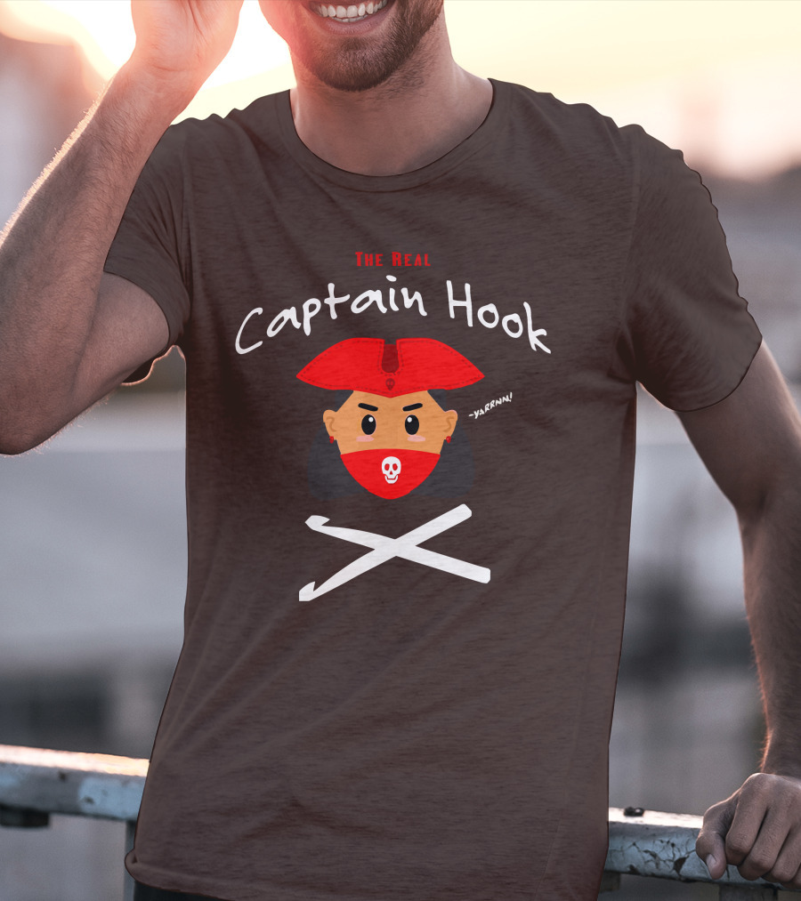 The Real Captain Hook Yarrnn Skull Red Hat Pirate Face Crossed Needles T-Shirt