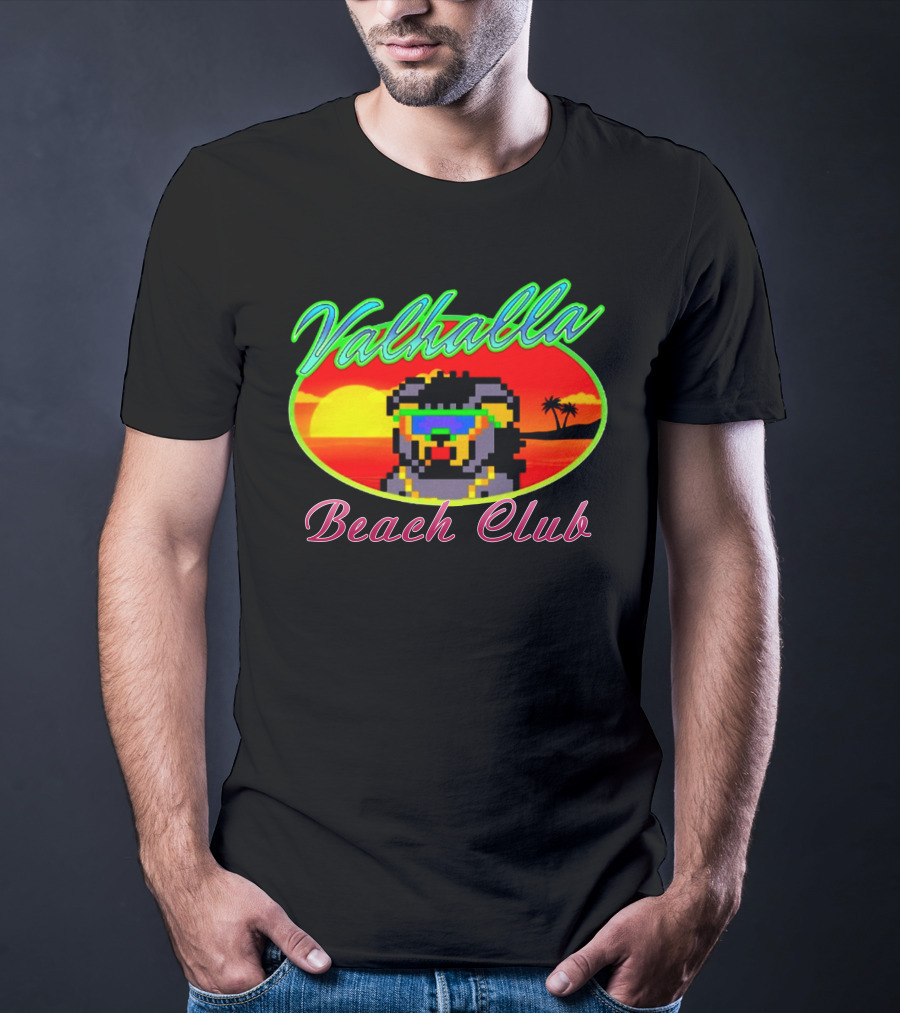 Valhalla Beach Club 80s Retro Pixel Sunset And Palm Trees T-Shirt