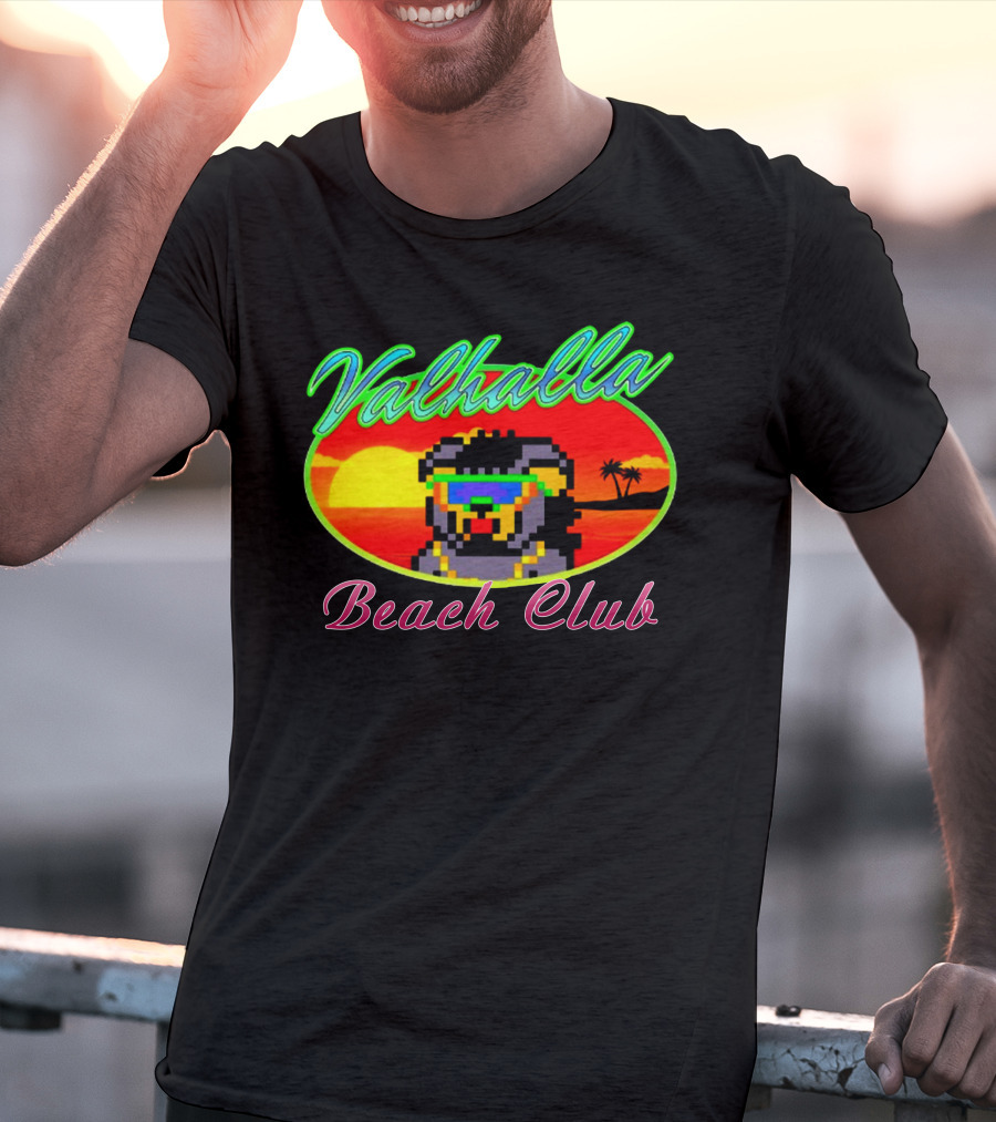 Valhalla Beach Club 80s Retro Pixel Sunset And Palm Trees T-Shirt