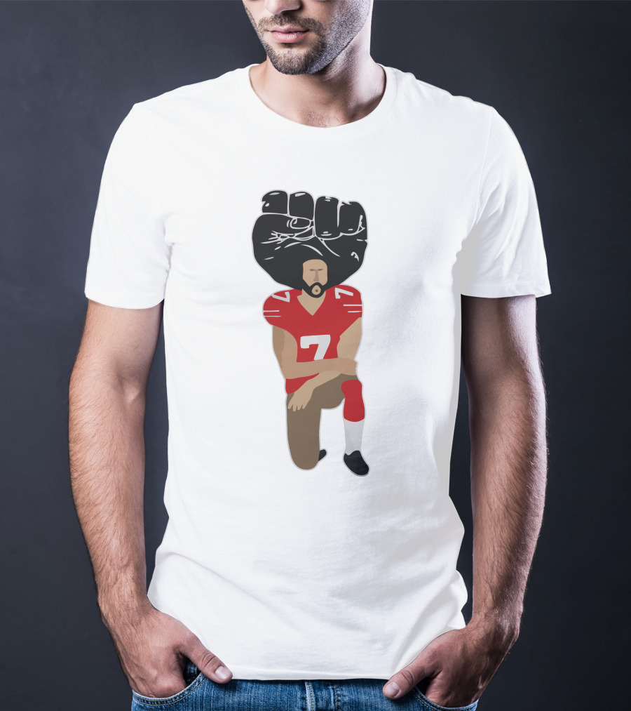 Colin Kaepernick Kneeling With Raised Fist And Red Football Jersey Number 7 T-Shirt