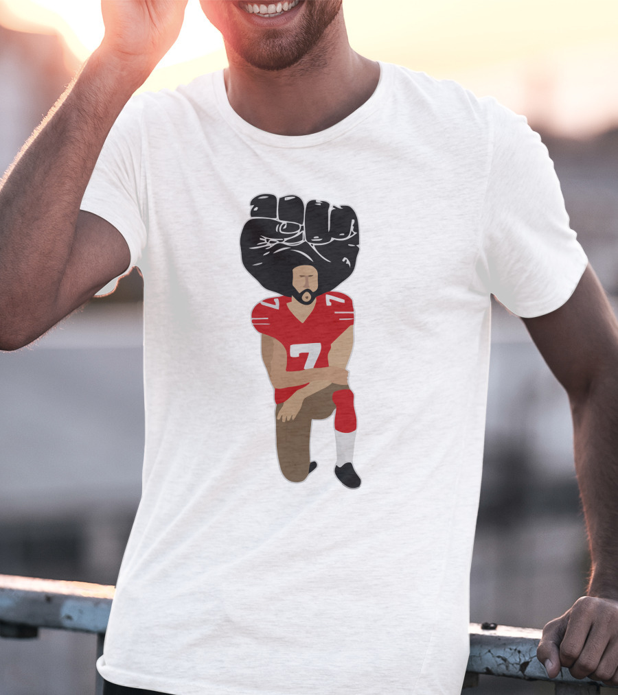 Colin Kaepernick Kneeling With Raised Fist And Red Football Jersey Number 7 T-Shirt