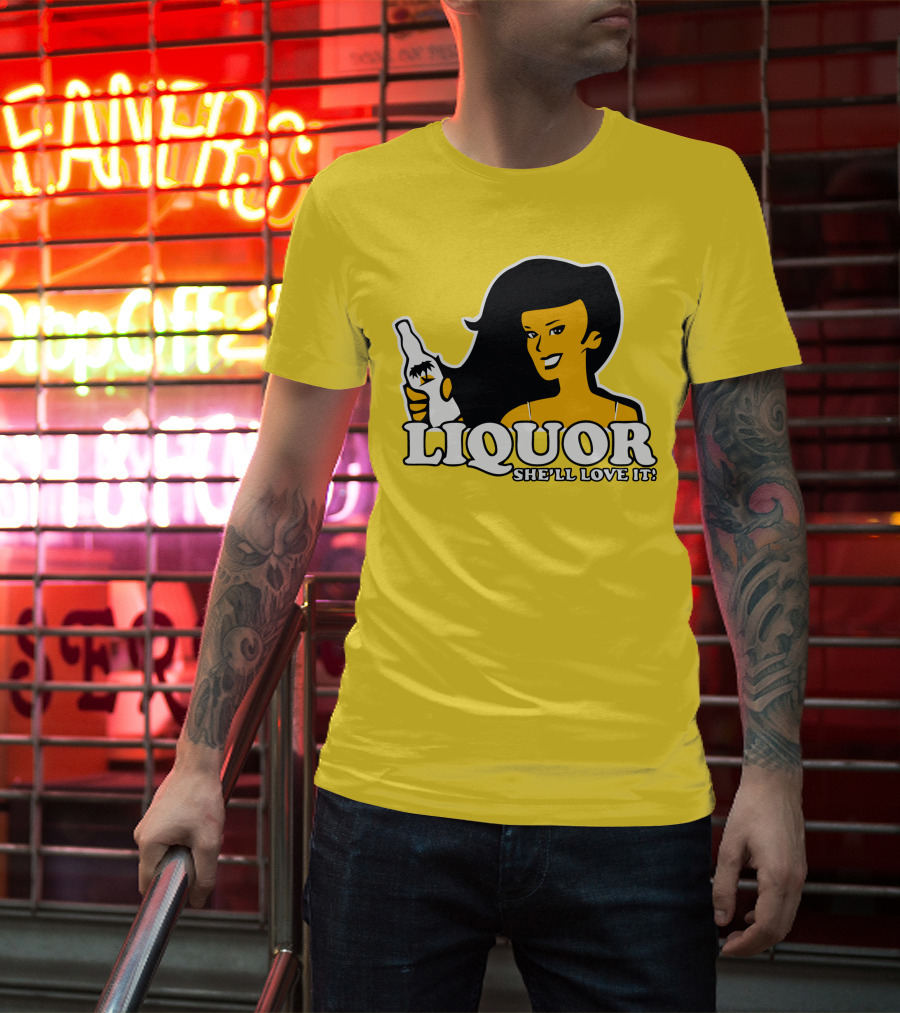 Liquor She'll Love It Retro Pin-Up Style Woman Holding Bottle T-Shirt