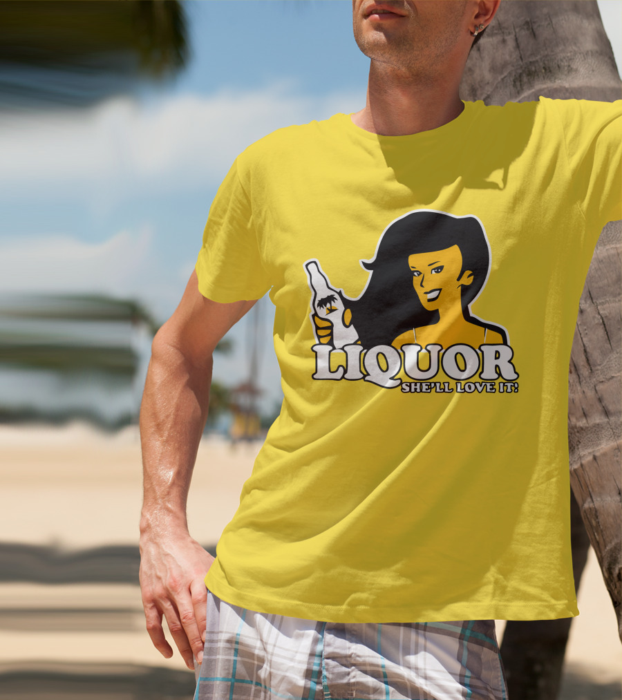 Liquor She'll Love It Retro Pin-Up Style Woman Holding Bottle T-Shirt