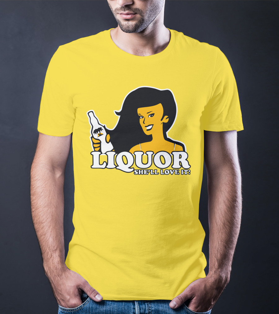 Liquor She'll Love It Retro Pin-Up Style Woman Holding Bottle T-Shirt