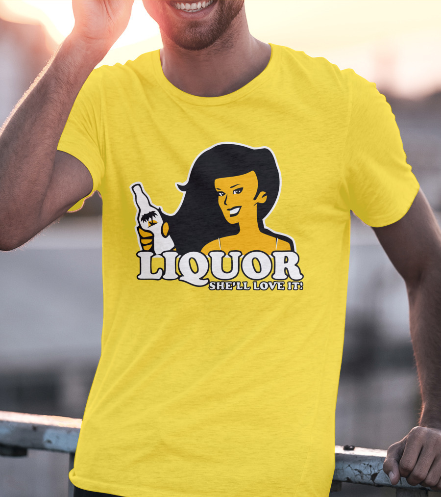 Liquor She'll Love It Retro Pin-Up Style Woman Holding Bottle T-Shirt