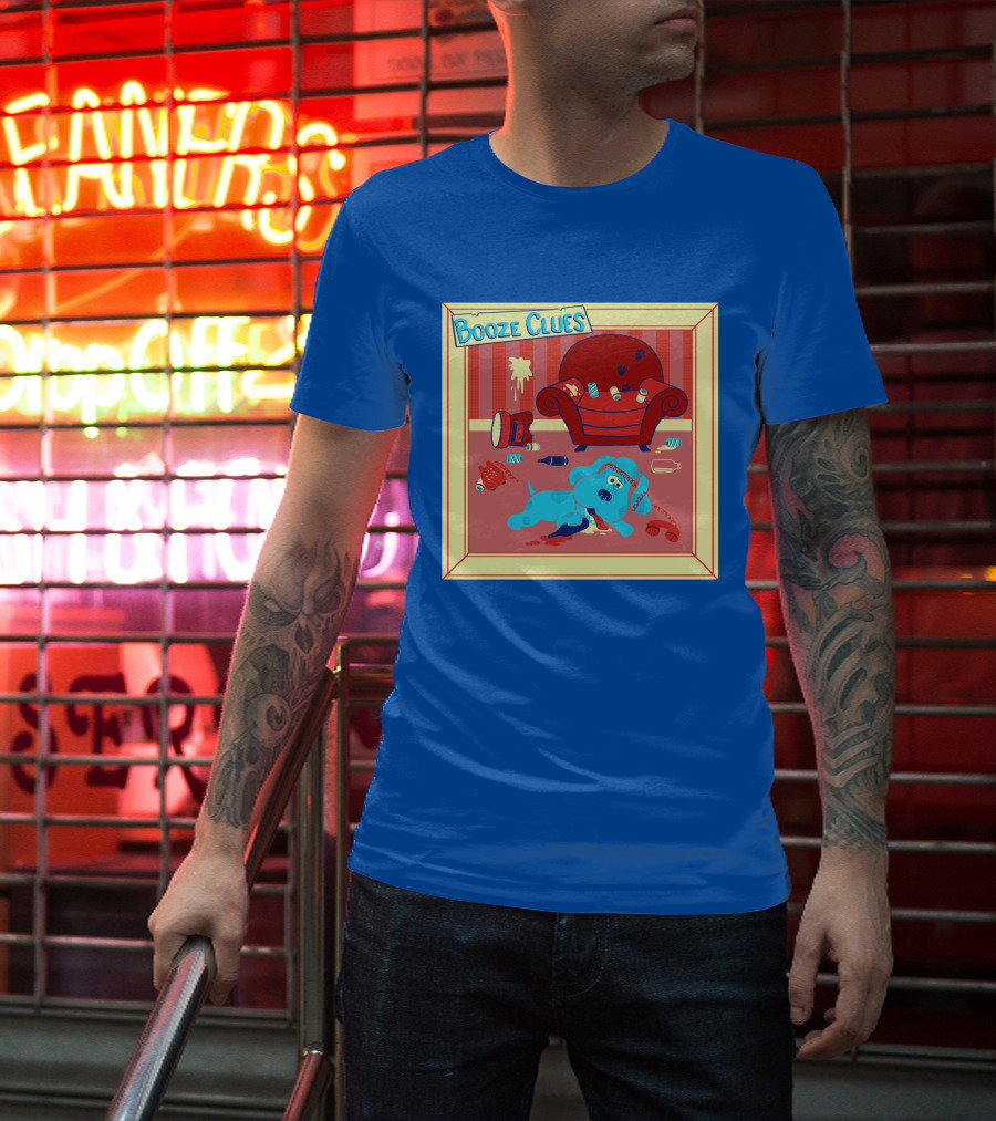 Booze Clues Blue Dog Party Mess With Cans And Couch T-Shirt