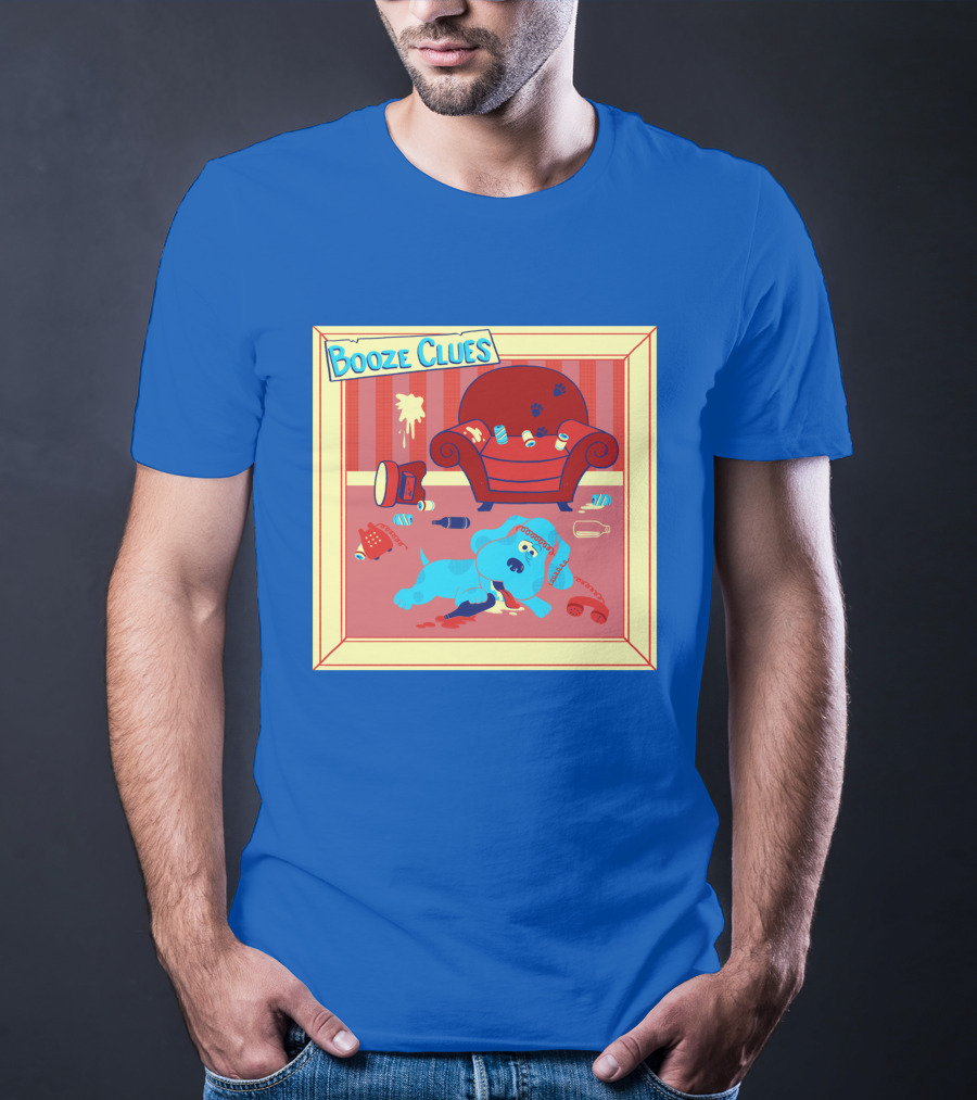 Booze Clues Blue Dog Party Mess With Cans And Couch T-Shirt